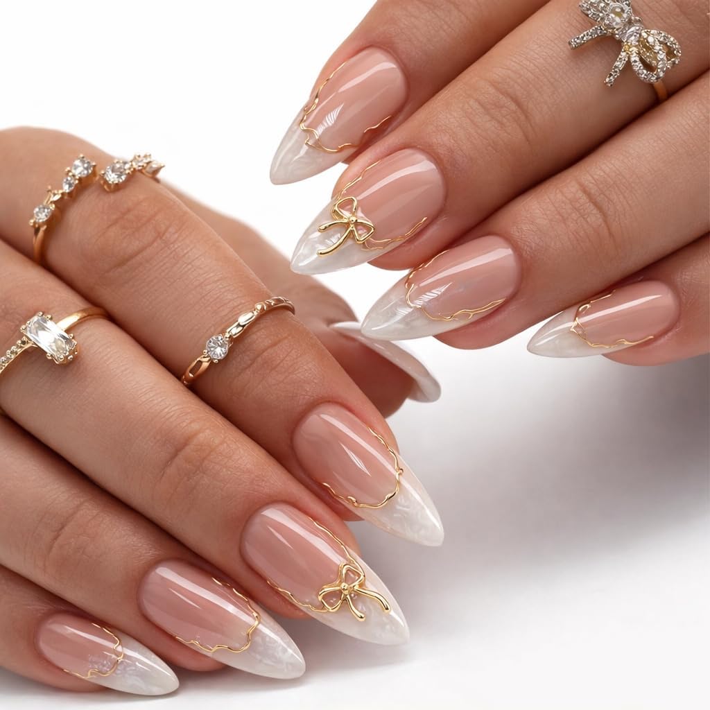 24 pcs French Tip Glossy Pink Nude & Golden Gradient False Nails Short Almond Shape for Women for Daily Wear, Parties, Weddings,