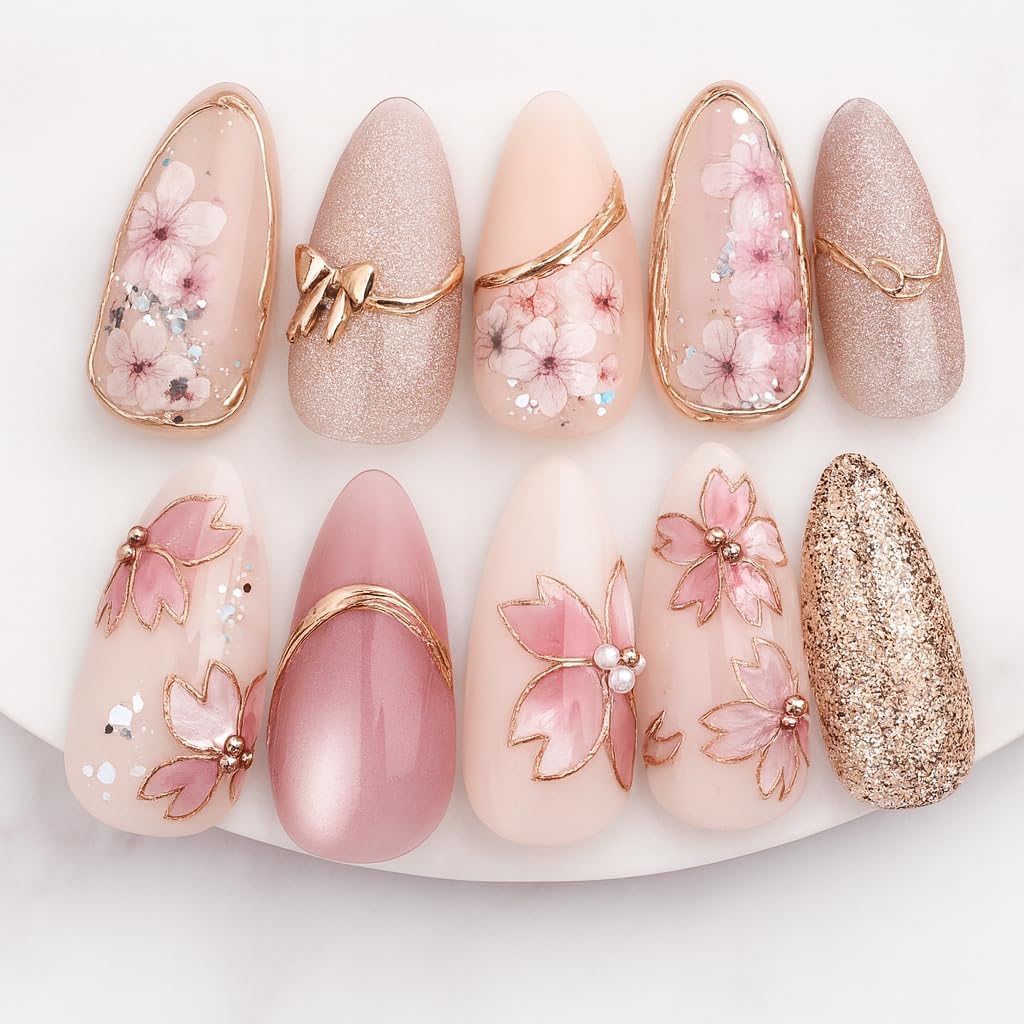 24 Pcs 3D Cat'S Eye Glossy Floral Medium Length Almond Nails - Pink & White Sparkling Detachable Fake Nails with Golden Accents, for girls
