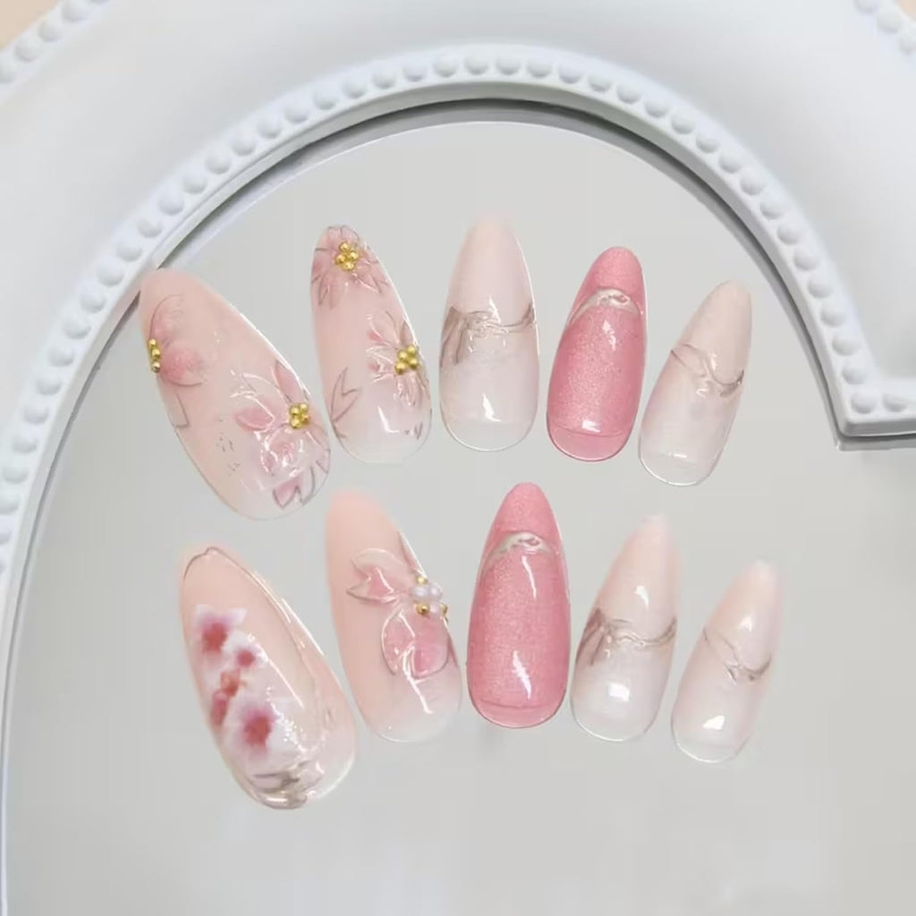 24 Pcs 3D Cat'S Eye Glossy Floral Medium Length Almond Nails - Pink & White Sparkling Detachable Fake Nails with Golden Accents, for girls