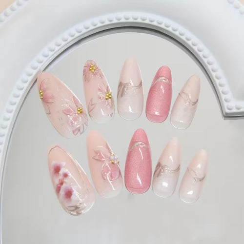 24 Pcs 3D Cat'S Eye Glossy Floral Medium Length Almond Nails - Pink & White Sparkling Detachable Fake Nails with Golden Accents, for girls
