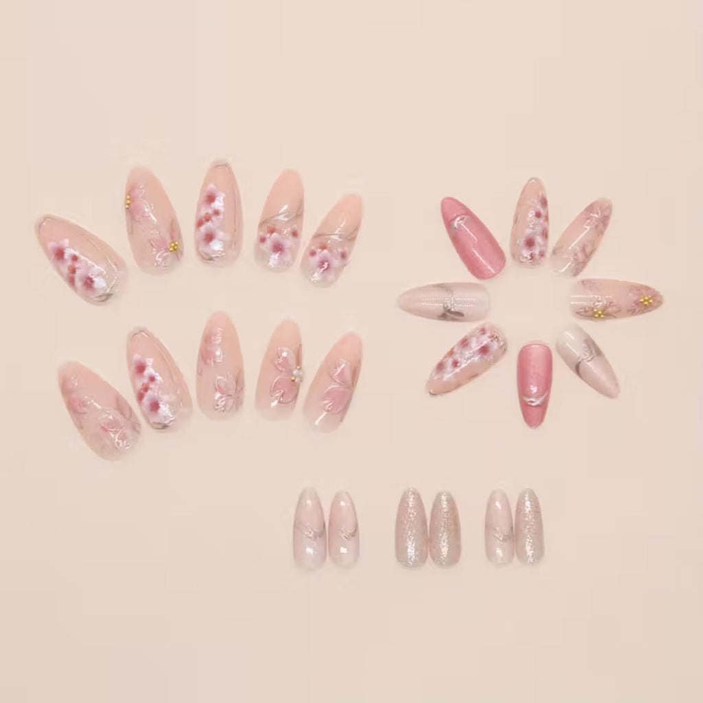 24 Pcs 3D Cat'S Eye Glossy Floral Medium Length Almond Nails - Pink & White Sparkling Detachable Fake Nails with Golden Accents, for girls