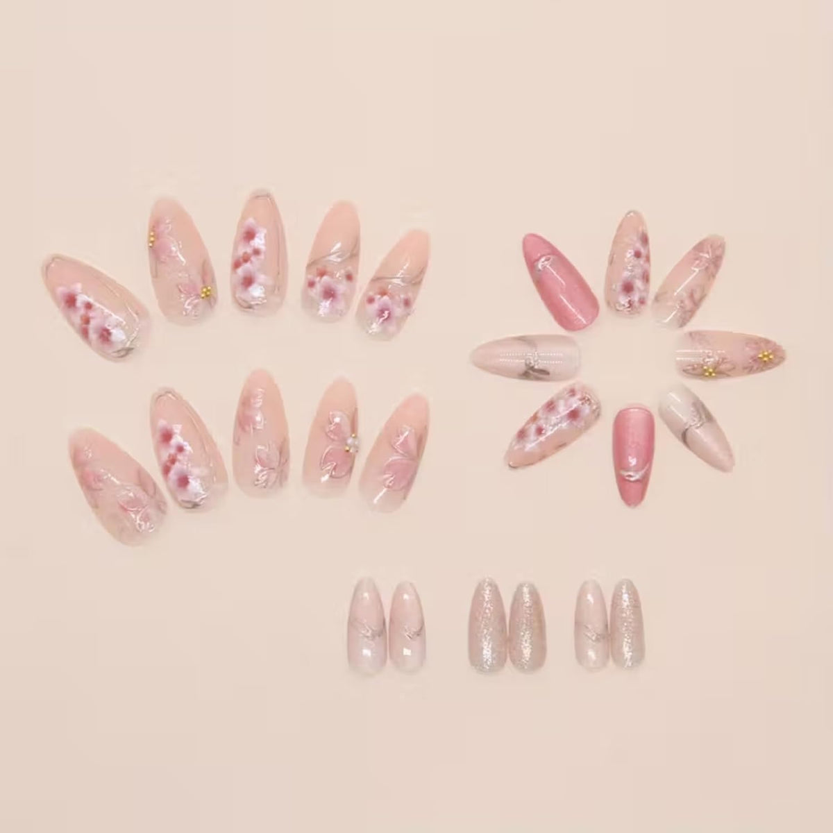 24 Pcs 3D Cat'S Eye Glossy Floral Medium Length Almond Nails - Pink & White Sparkling Detachable Fake Nails with Golden Accents, for girls