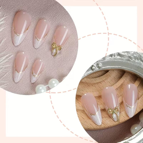 24 pcs French Tip Glossy Pink Nude & Golden Gradient False Nails Short Almond Shape for Women for Daily Wear, Parties, Weddings,