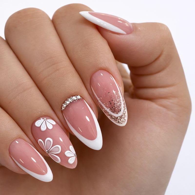 30pcs Luxury Almond Shaped Press-On Nails Set Floral and Glitter Design, Short Length, Removable French Manicure Fake Nails