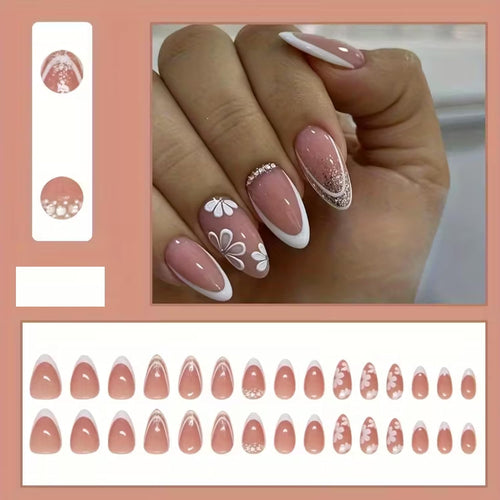 30pcs Luxury Almond Shaped Press-On Nails Set Floral and Glitter Design, Short Length, Removable French Manicure Fake Nails