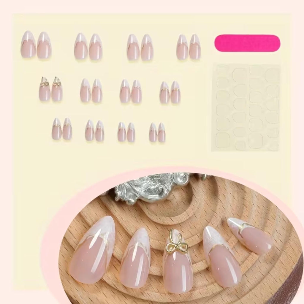 24 pcs French Tip Glossy Pink Nude & Golden Gradient False Nails Short Almond Shape for Women for Daily Wear, Parties, Weddings,