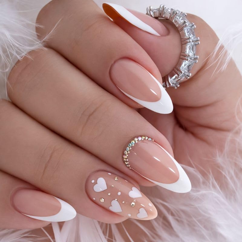 24pcs French Almond Shaped Fake Nails, White Fingertips, with 3D Rhinestone, White Heart-Shaped And Dot Pattern Designs on The Nails, Fashionable And Elegant, Suitable for Women And Girls' Fake Nails