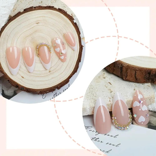 24pcs French Almond Shaped Fake Nails, White Fingertips, with 3D Rhinestone, White Heart-Shaped And Dot Pattern Designs on The Nails, Fashionable And Elegant, Suitable for Women And Girls' Fake Nails