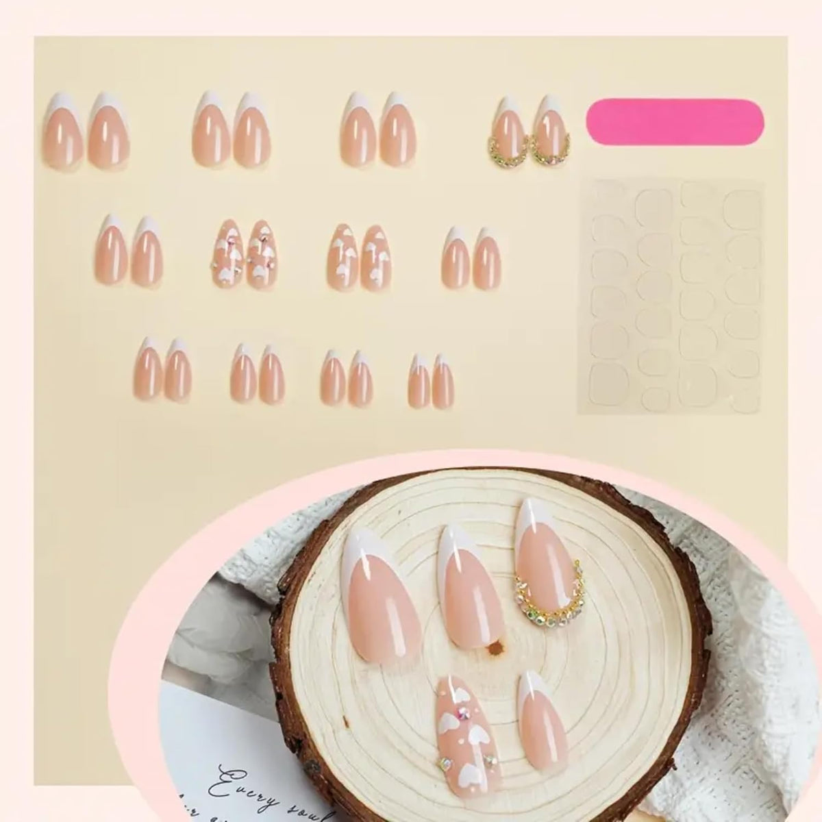 24pcs French Almond Shaped Fake Nails, White Fingertips, with 3D Rhinestone, White Heart-Shaped And Dot Pattern Designs on The Nails, Fashionable And Elegant, Suitable for Women And Girls' Fake Nails